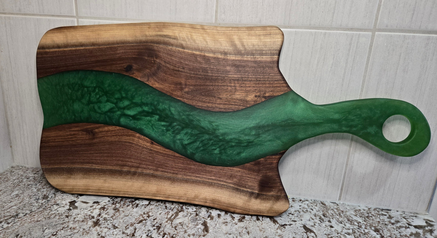 Live Edge Walnut with Avocado Green Epoxy Resin Charcuterie Board